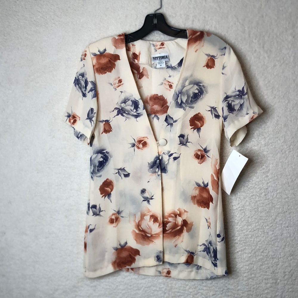 Vintage Retro Vittoria Womens made in the USA Floral Shoulder Pads Top M MEDIUM